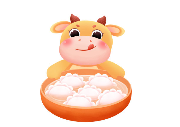 卡通小牛抱着装满水饺的大碗插画图片下载