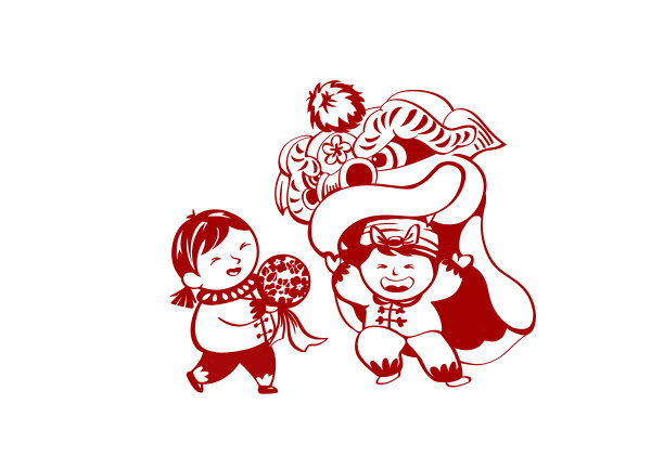 红色喜庆儿童过年舞狮扔绣球剪纸插画图片下载