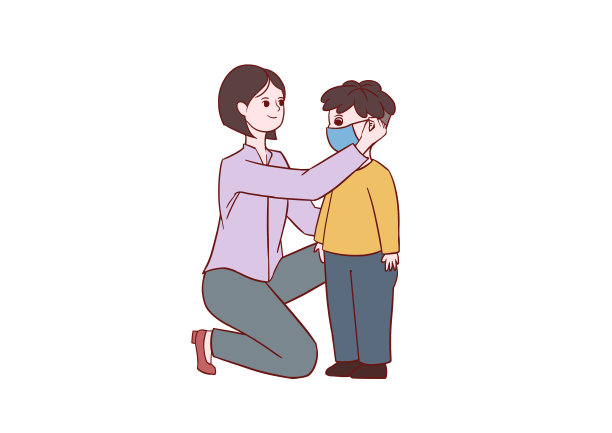 卡通母亲给要出门的小孩戴口罩的场景插画图片下载