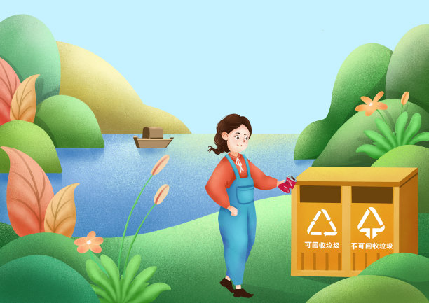 小清新卡通女孩户外垃圾分类扔垃圾插画图片下载
