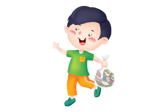 扁平提着袋子扔垃圾的男孩插画图片下载