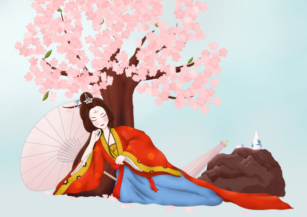 中国风古典美女醉倒在桃花树下插画图片下载