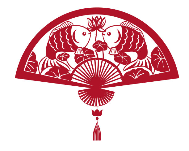 红色剪纸风折扇扇形莲花鱼纹图案设计插画素材图片
