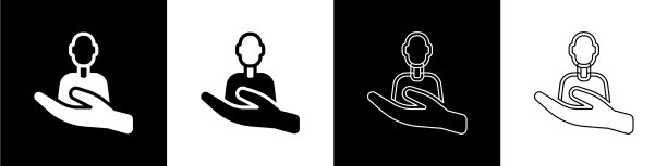 设置照顾人图标孤立在黑色和图片下载