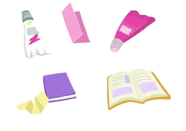 手绘卡通教育文化书本折纸胶棒文具组合插画图片下载