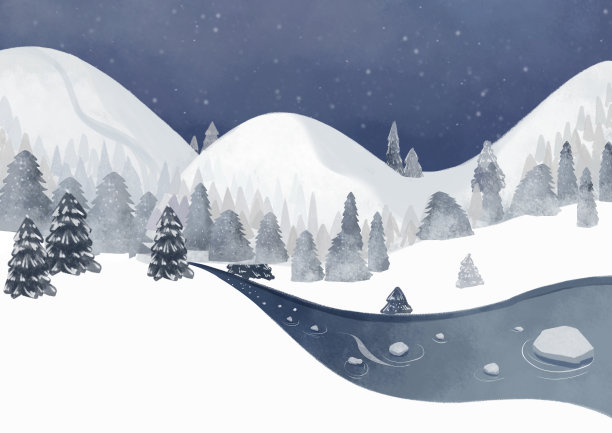 手绘植物小清新雪山小溪松树林插画图片下载