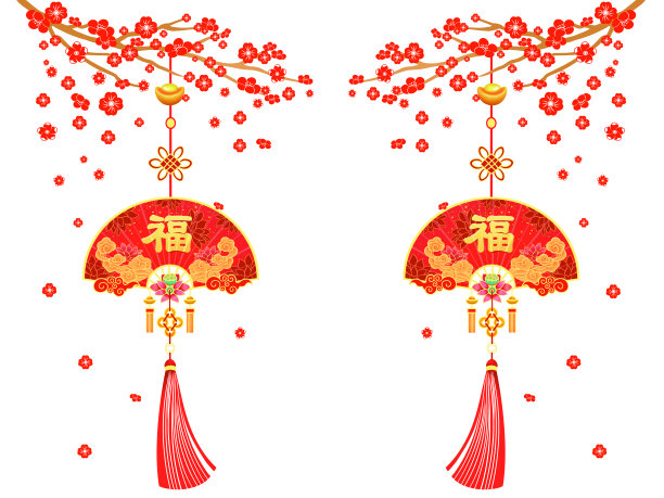 中国红喜庆新年福字梅花扇门贴窗贴素材图片