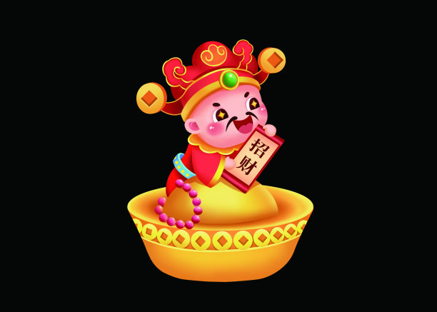 卡通新年招财牛年财神爷窗贴门贴插画图片下载