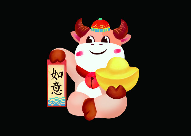 卡通牛年新年中国风如意对联元宝招财小牛窗贴图片下载