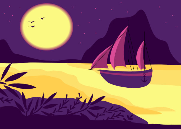 月亮下的夜晚，帆船在海上航行。抽象的景观，最小的自然背景在日落，山，星空，月亮，大海。矢量插图。图片下载