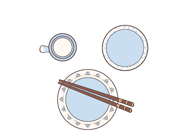 手绘卡通一套白底蓝花餐具碟盘筷插画图片下载