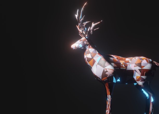 在黑色背景下发光的科幻机器人鹿的3d渲染图图片下载