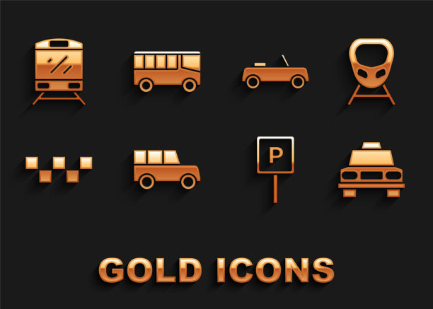设置汽车，高速列车，出租车，停车场，车顶，火车和巴士图标。向量图片下载