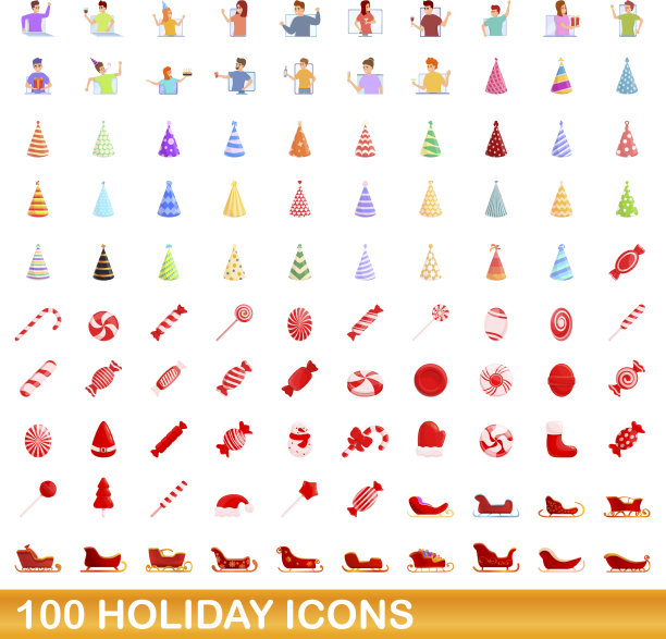 100个节日图标设定卡通风格图片下载