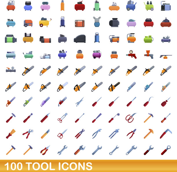 100个工具图标设置卡通风格图片下载