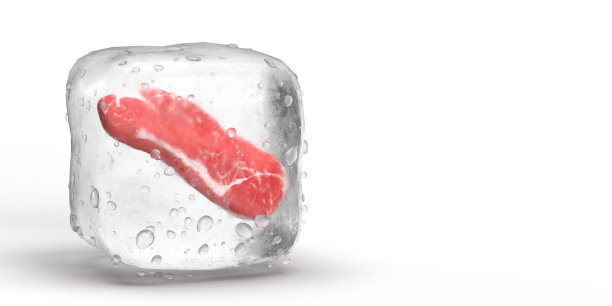 一种牛排切片的冷冻食品里面的冰块在白色的表面图片下载