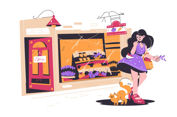 可爱的女孩在小街商店购物图片下载