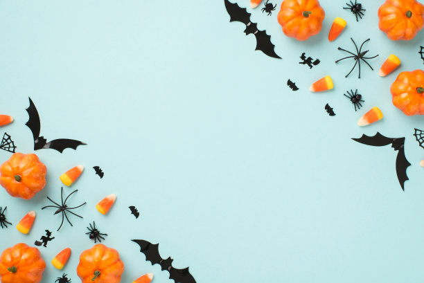 顶部视图照片万圣节装饰南瓜糖果玉米蜘蛛网女巫和蝙蝠的剪影在孤立的浅蓝色背景与copyspace图片下载