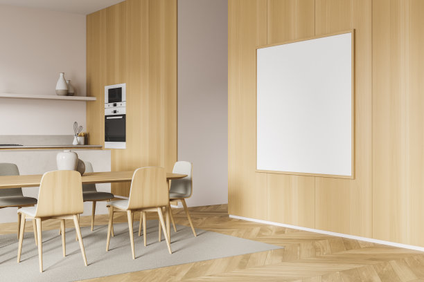 在餐厅区域的宽横幅与浅色木材图片下载