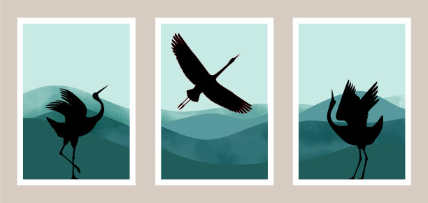 日本鹤抽象艺术与水彩画图片下载