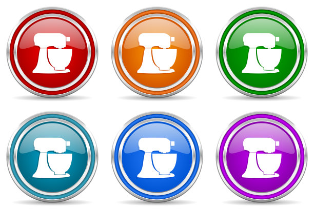 行星搅拌机，厨房设备银色金属光泽图标，一套现代设计按钮，网页，互联网和移动应用程序在6个颜色选项隔离在白色背景图片下载