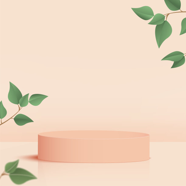 产品展示3d背景讲台场景，奶油形几何平台和绿色树叶。矢量插图。图片下载