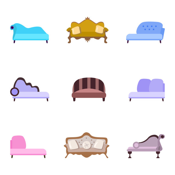 一套向量插图的复古沙发在一个扁平的卡通风格图片下载