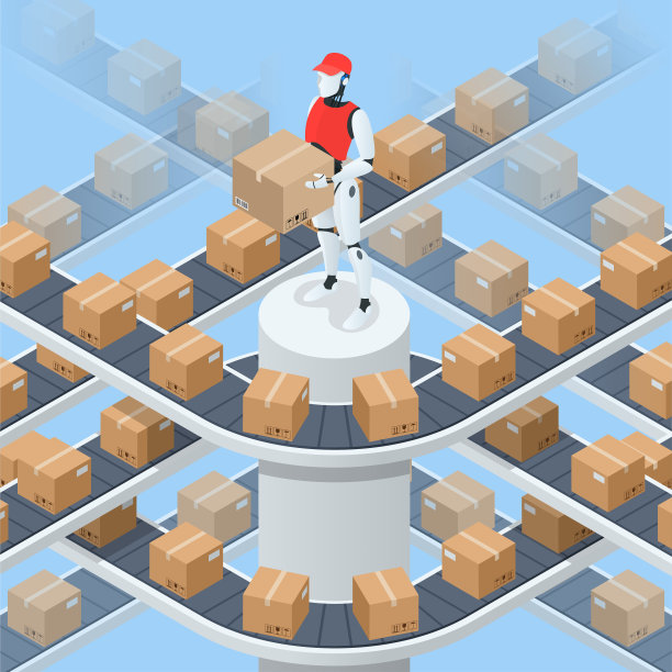 等距包装机器人在生产线上对着仓库的纸箱运送。贸易中订单的运输和加工。货物装运箱。图片下载