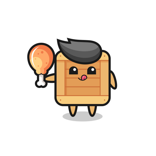 木制盒子里可爱的吉祥物正在吃炸鸡图片下载