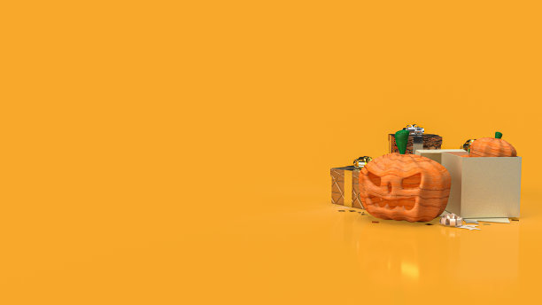 南瓜杰克和礼物盒万圣节概念3d渲染图片下载