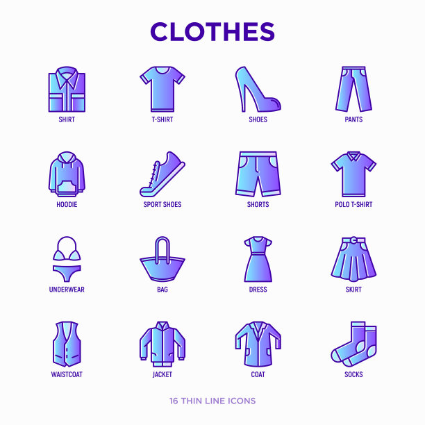 衣服细线图标设置衬衫，鞋子，裤子图片下载