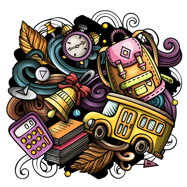 可爱的卡通涂鸦回到校园五彩缤纷图片下载