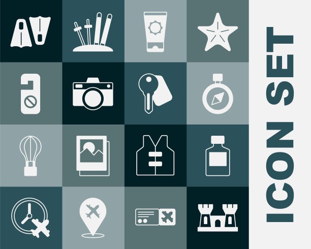 设置沙堡，威士忌瓶，指南针，防晒霜管，相机，请不要打扰，游泳橡胶脚蹼和酒店门锁图标。向量图片下载