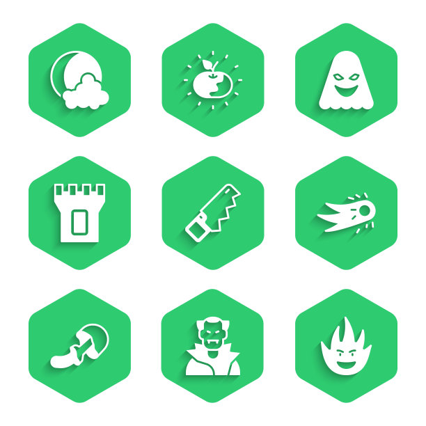 集手锯，吸血鬼，火焰，火球，裸盖菇，城堡塔，幽灵和月亮的星星图标。向量图片下载