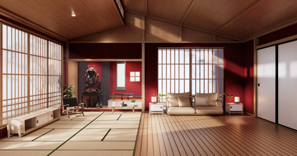 武士盔甲-红色客厅日本风格。三维渲染图片下载