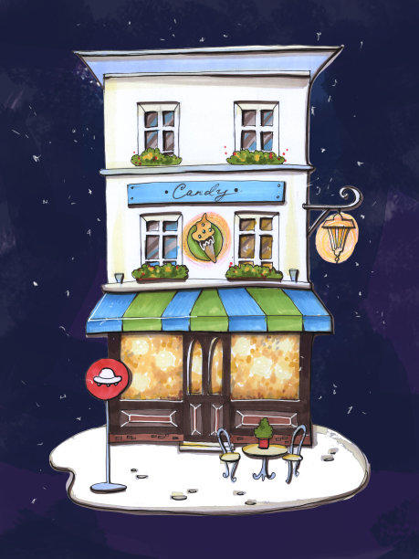 手绘卡通风格的夜街在黑暗的背景下欧洲的冰淇淋店飘落的雪花星星图片下载