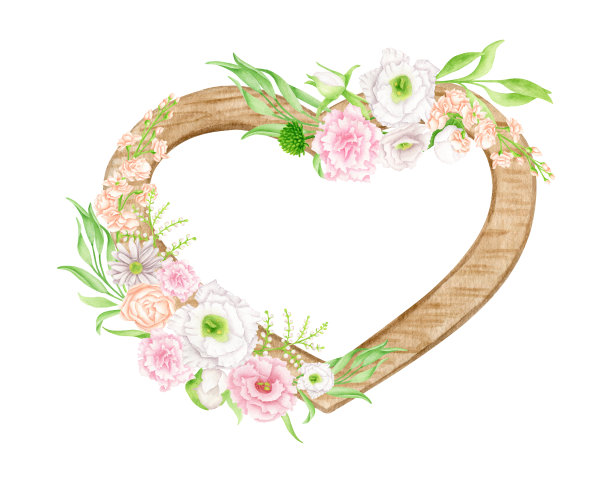 水彩木花心插图。用花和叶手工绘制的木制装饰。植物设计的生日卡，婚礼请柬，保存日期。图片下载