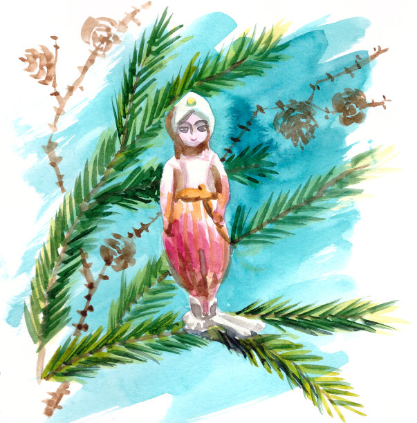 古董圣诞树玩具印度男孩和落叶松球果，白色背景上的水彩画图片下载