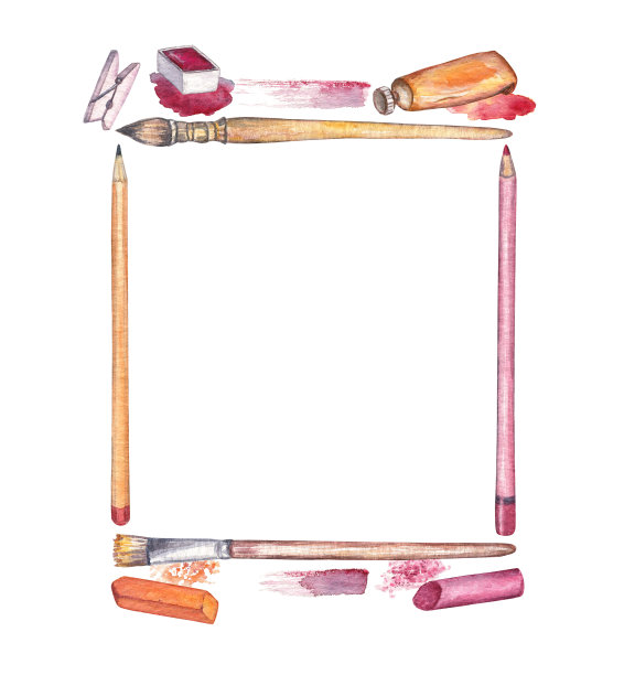 画框的艺术用品-刷子，铅笔，颜料和粉彩。图片下载