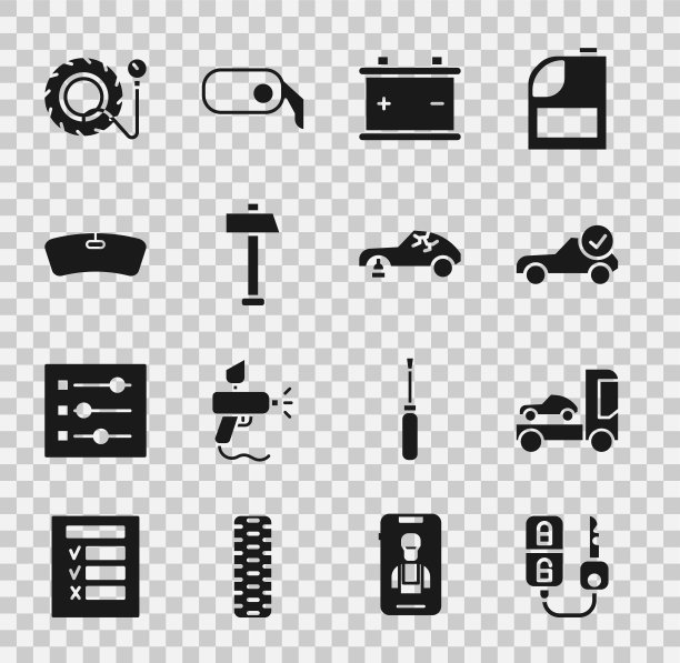 设置汽车钥匙与遥控，运输卡车，汽车服务检查汽车，电池，锤子，挡风玻璃，轮胎压力表和破碎的汽车图标。向量图片下载