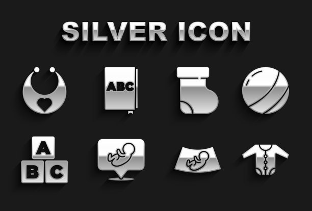 集婴儿，沙滩球，衣服，婴儿超声波，ABC块，袜子，围嘴和书图标。向量图片下载