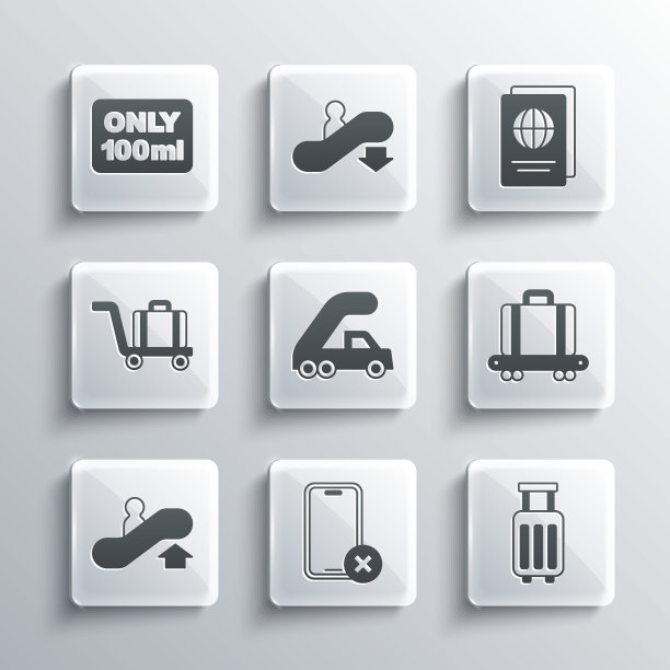 设置无手机，行李箱，带行李箱的传送带，登机乘客梯，自动扶梯，手推车行李，液体随身物品，护照图标。向量图片下载