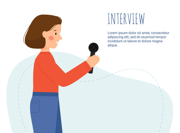 矢量场景，一个女人在面试。采访的概念。一个女孩说话。拿着麦克风的记者。图片下载