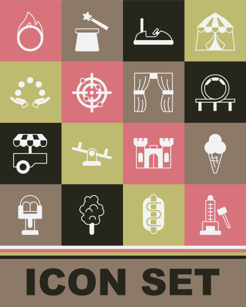 设置射手吸引力与锤子，冰淇淋在华夫饼锥体，过山车，碰碰车，目标运动，杂耍球，马戏团火箍和窗帘升起图标。向量图片下载