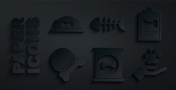 集罐头食品，临床记录宠物，宠物玩具骨橡胶和球，手与动物足迹，鱼骨骼和碗图标。向量图片下载