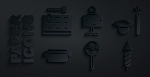 设置棒棒糖，魔术帽和魔杖，热狗，烟花火箭，球在桌上和街机游戏机图标。向量图片下载