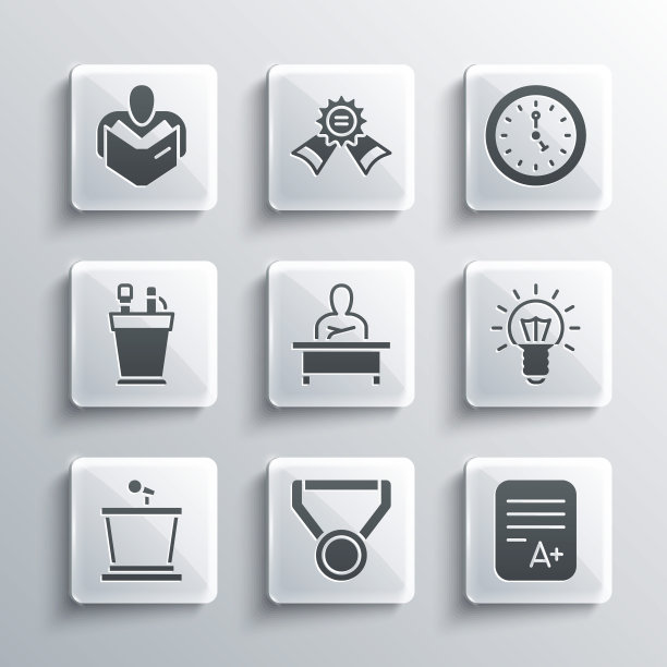 一套奖牌，考卷与A +等级，灯泡，男生坐在书桌，讲台，文具盒文具，读书的人和时钟图标。向量图片下载