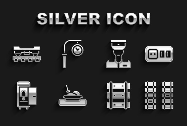 设置盘子与食物，插座，铁路，铁路轨道，厕所在火车车厢，火车列车员，货物货车和车站时钟图标。向量图片下载