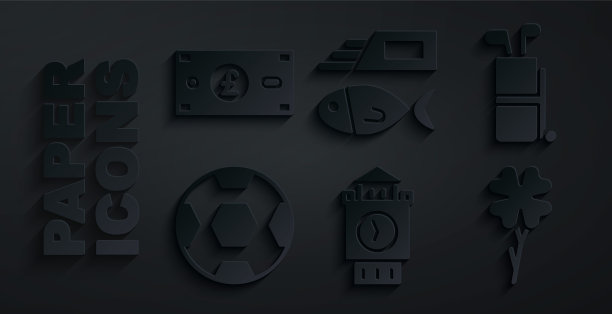 设置大本钟塔，高尔夫球袋与俱乐部，足球，四叶草，鱼和薯条和英镑的货币图标。向量图片下载