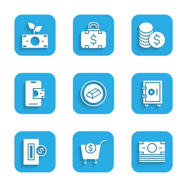 设置金条，购物车和美元，堆栈纸币现金，保险箱，插入硬币，手机银行，硬币和钱种植罐图标。向量图片下载
